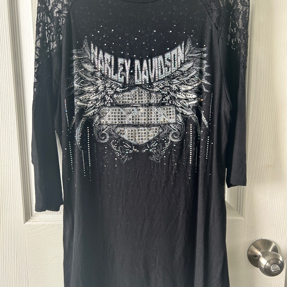 Harley-Davidson large rhinestone black Lace Sleeve Top